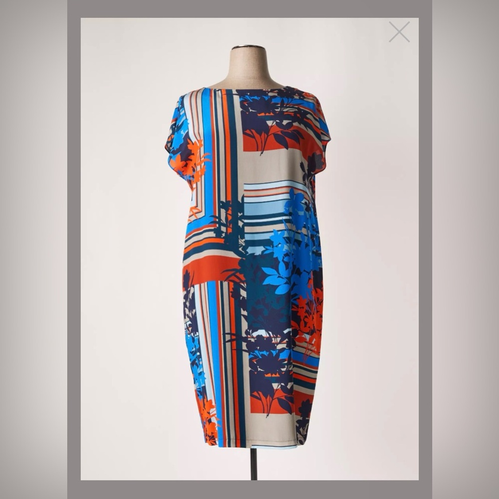 Marina Rinaldi Blue and Red Floral Stripe Midi Dress